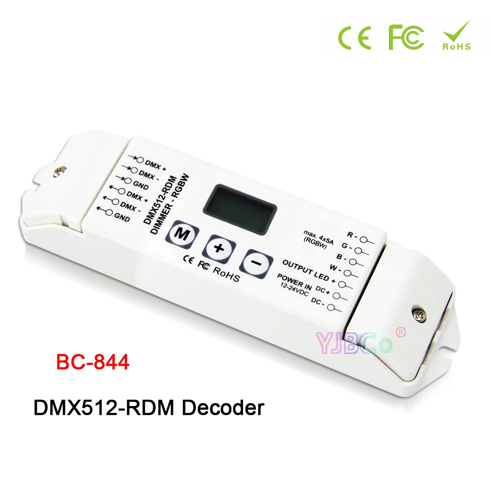 BC-844 single color/CCT/RGB/RGBW LED Strip Controller 4 channel switch Dimmer 12V-24V Light Tape DMX512 RDM Decoder OLED screen dc motor controller 6v 36v 12v 24v dmx512 decoder relays switch dmx512 3p dc dimmer 3a max type m m not stepper