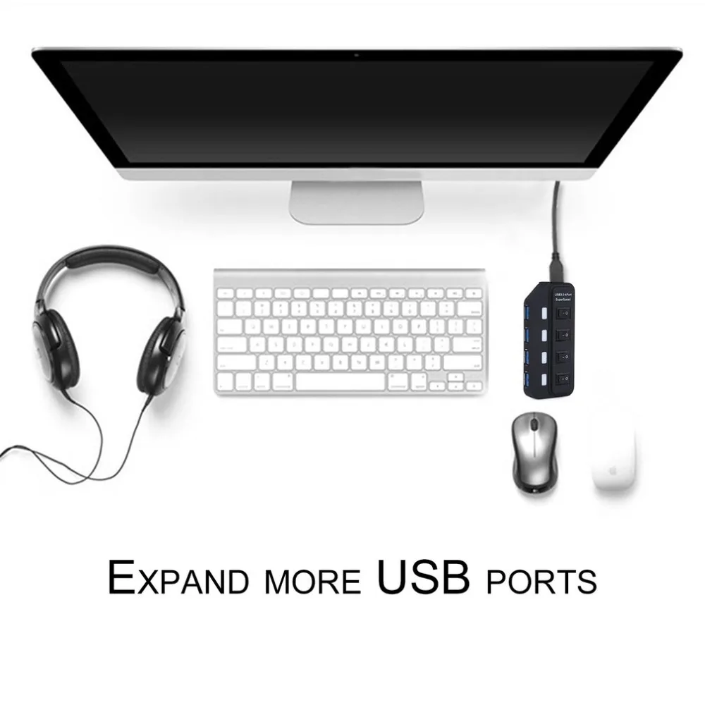 Высокоскоростной концентратор с 4 портами USB 3,0, usb-разветвитель, переключатели вкл/выкл+ адаптер питания переменного тока с синим usb-кабелем для передачи данных