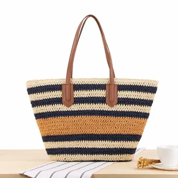 

New Striped Shoulder Straw Bag Korean Ins Sen Holiday Vacation Woven Beach Leisure Bag