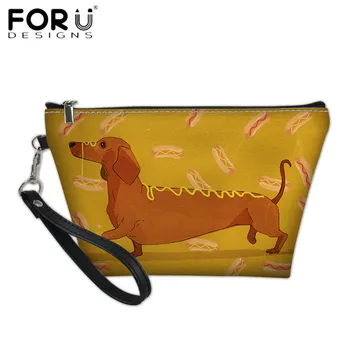 

FORUDESIGNS Teenager Girls Travel Make Up Bags Funny Dachshund Sausage Dog Print Casual PU Beautician Storage Bags Waterproof