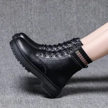 

Luxury 2021 Winter Boots Women's Plus Velvet Casual Knit Stitching Short Boots Thick Heel Strapping Motorcycle Boots for Women