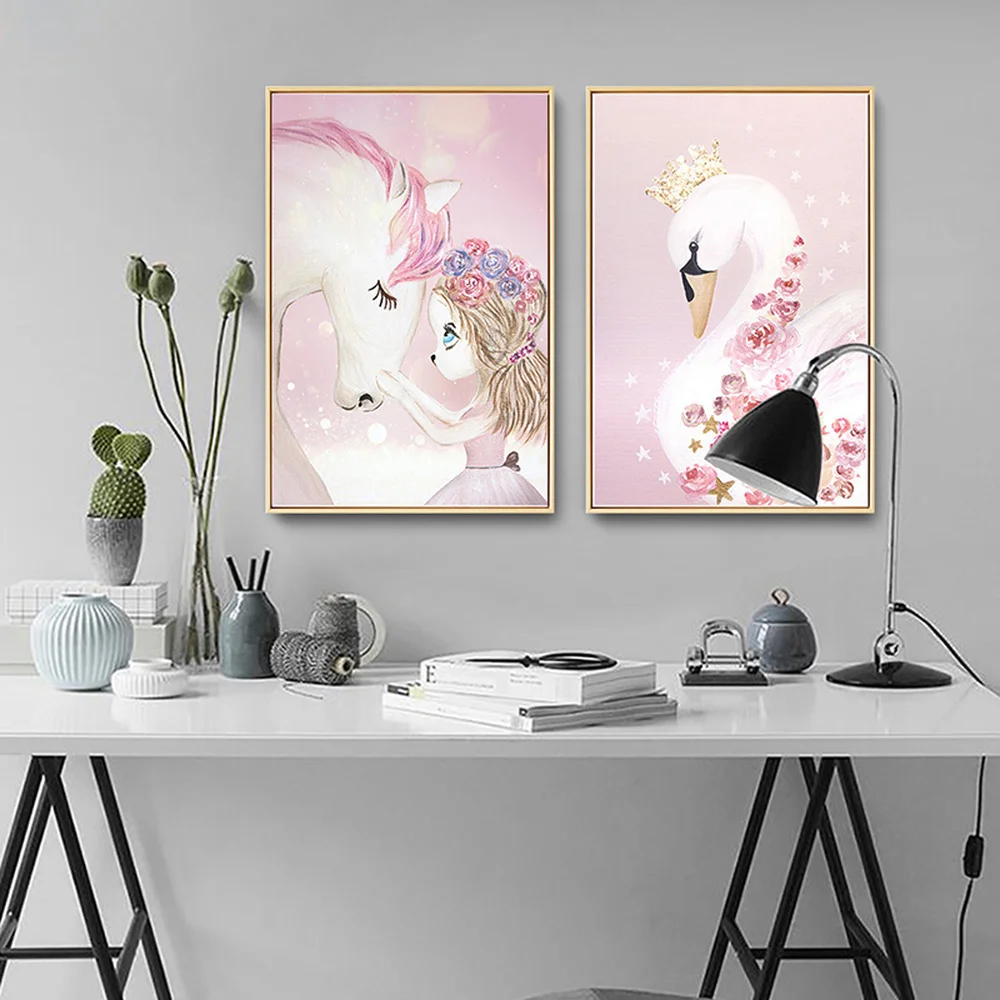 Фантазия мультфильм постеры с единорогом мисс кролик белый лебедь картина маленькая девочка принцесса мечта детская комната украшение стены живопись