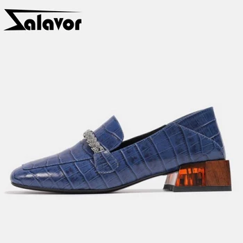 

ZALAVOR Genuine Leather Women Pumps Crystal Thick Heel Shoes Woman Stone Pattern Fashion Office Lady Footwear Size 34-42