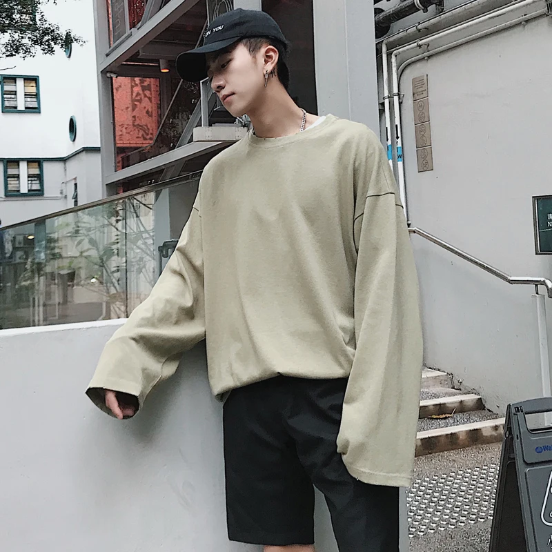 

2019 Men's Summer New Casual Solid Color Long-sleeved Round Neck T Shirt Loose Temperament Trend Cotton Harajuku Tshirt