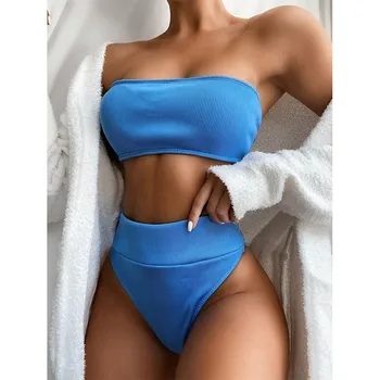 

Nadafair Ribber Knitting Bandeau Bikini 2020 Holiday Beach Bathing Suit Women Two-Piece High Waist Bikini Swimsuit Set Pure