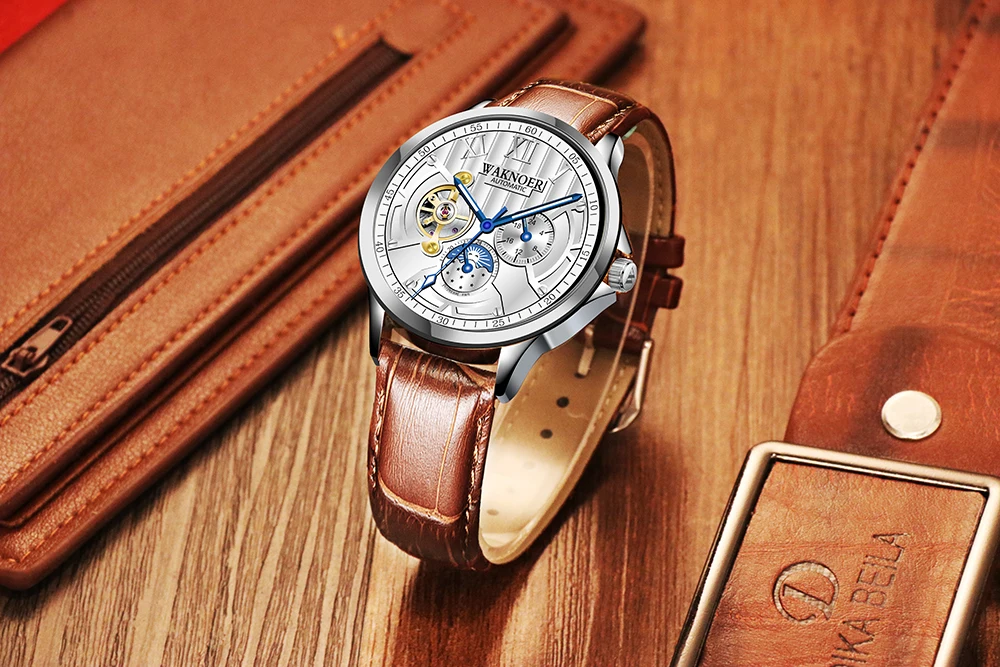WAKNOER мужские часы Механические Турбийон роскошные модные кожаные спортивные часы мужские водонепроницаемые автоматические часы Relojes Hombre