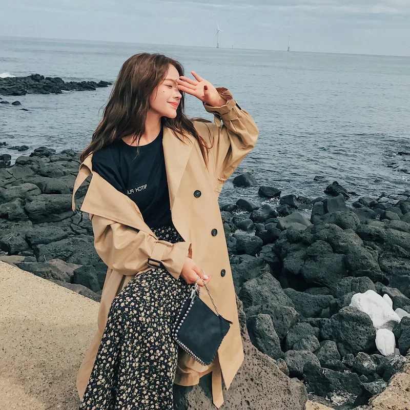 

Trench Coat Women's Mid-length Korean-style Spring 2019 New Style LULU Khaki Casual Loose-Fit over-the-Knee Spring Coat