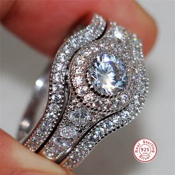3Pcs/Set 2019 Luxury Round Cut AAA Zircon Crystal Rings For Women 925 Sterling Sliver Wedding Female Rings Set Jewelry
