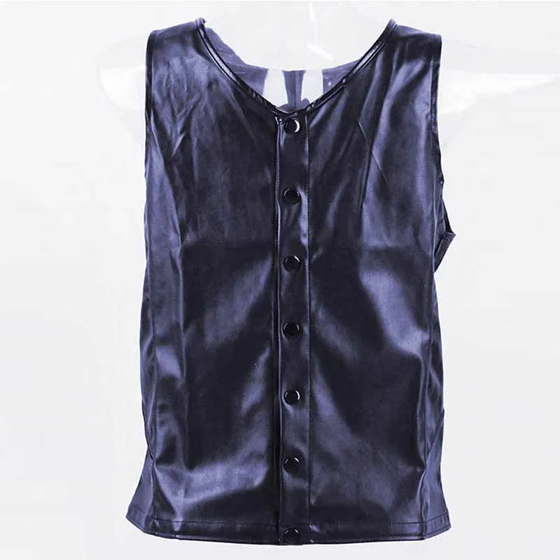 Men's Faux Leather Lingerie Set Sexy Adult Sleeveless Single-Breasted Undershirt Pouch-Short Boxer 2 Pcs Wetlook Men Underwear (6)