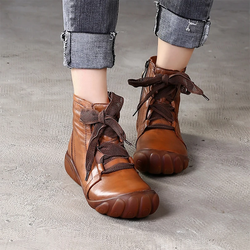 

Full Grain Genuine Natural Leather Boots Footwear Brown Handmade Retro The Sole Inside Sewing Winter Shoes For Women 2019