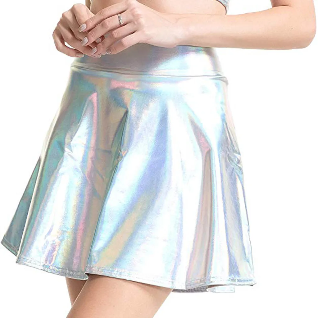 LSI91009945WH Сексуальные одноцветные юбки женская одежда faldas mujer moda Повседневная модная блестящая металлическая расклешенная плиссированная мини юбка трапециевидной формы - Цвет: LSI91009945WH