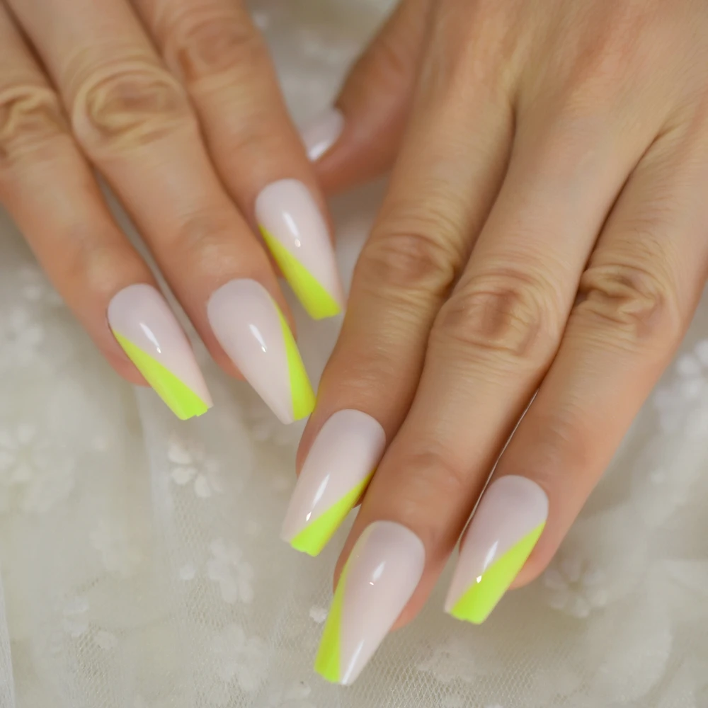 pix French Tip Acrylic Medium Tapered Square Nails french angled tapered ballerina fake