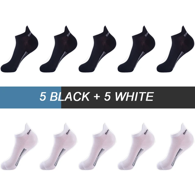 10Pairs High Quality Men Ankle Socks Breathable Cotton Sports Socks Mesh Casual Athletic Summer Thin Cut Short Sokken Size 38-44 5 Black 5 White