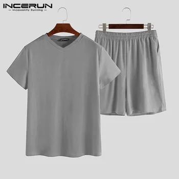 

Men Pajamas Sets Summer Casual Homewear Solid Short Sleeve V Neck Breathable Nightgown & Shorts Men Sleepwear Sets S-5XL INCERUN