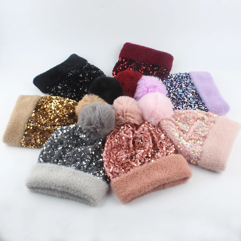 Winter Gebreide Mutsen Hoeden Vrouwen Luxe Bing Pailletten Beanie Skullies Vrouwelijke Bont Pompom Hoed Motorkap Beanie Caps 2