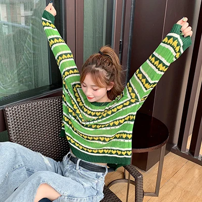 

Korean Style Women Knitted Sweater Fall 2019 Casual Lolita Heart Striped Oversized Long Sleeve Pullover Avocado Green Pink T347