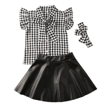 

1-6Y Infant Baby Girls Clothes Sets Plaid Ruffles Sleeve T Shirts Tops+PU Leather Skirts+Headband 3pcs