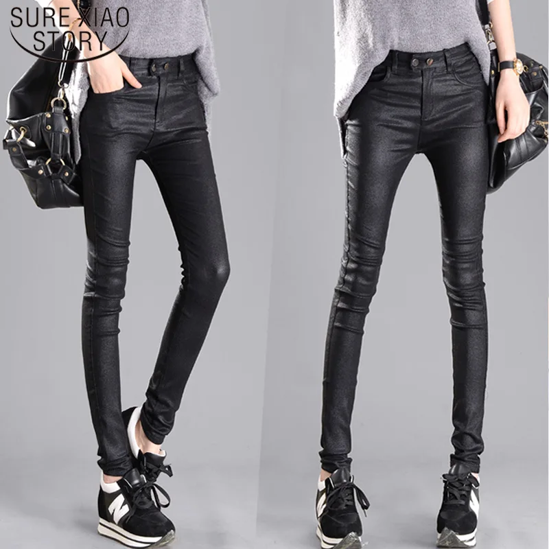 

2019 Slim Tight Leather Solid Black Pencil Pants New Autumn Winter Velvet Plus Size Pants Women Full Skinny Pant 6537 50