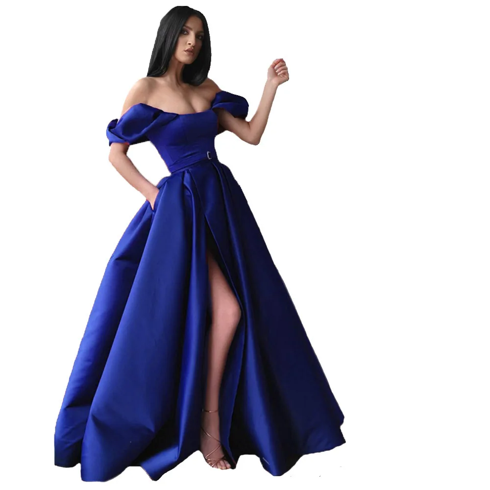 Royal Blue HONGFUYU с плеча Атласное Вечернее формальное платье трапециевидной формы Бургундия vestido de fiesta длинные платья с карманами Боковой разрез - Цвет: Royal Blue