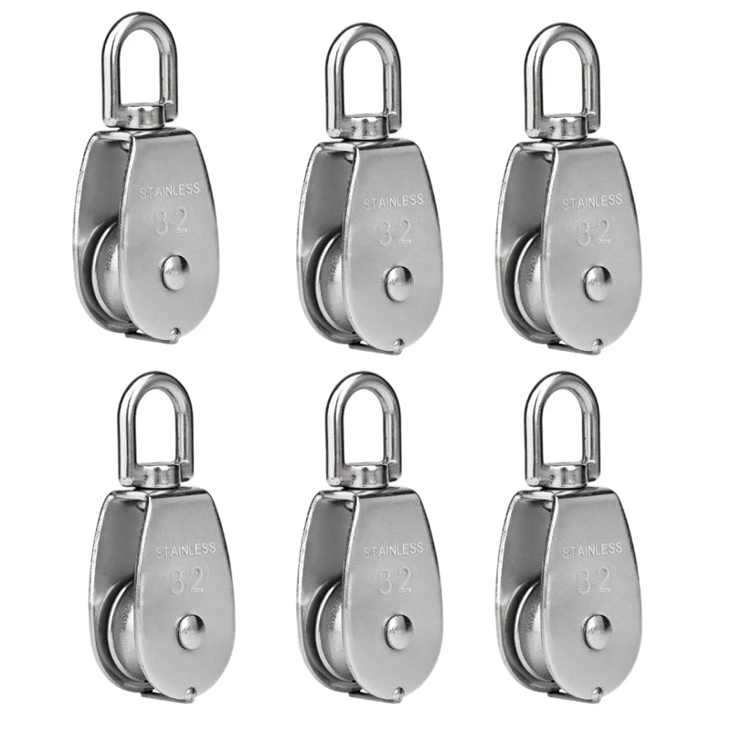 

6 Pack M32 Lifting Single Pulley Roller Loading 551Ibs, 304 Stainless Steel Heavy Duty Single Wheel Swivel Lifting Rope Pulley B