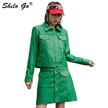 

Genuine Leather Set Multicolor Peter Pan Collar Zip Long Sleeve Coat and A Line Skirt Set Women Autumn Streetwear Two Piece Sets