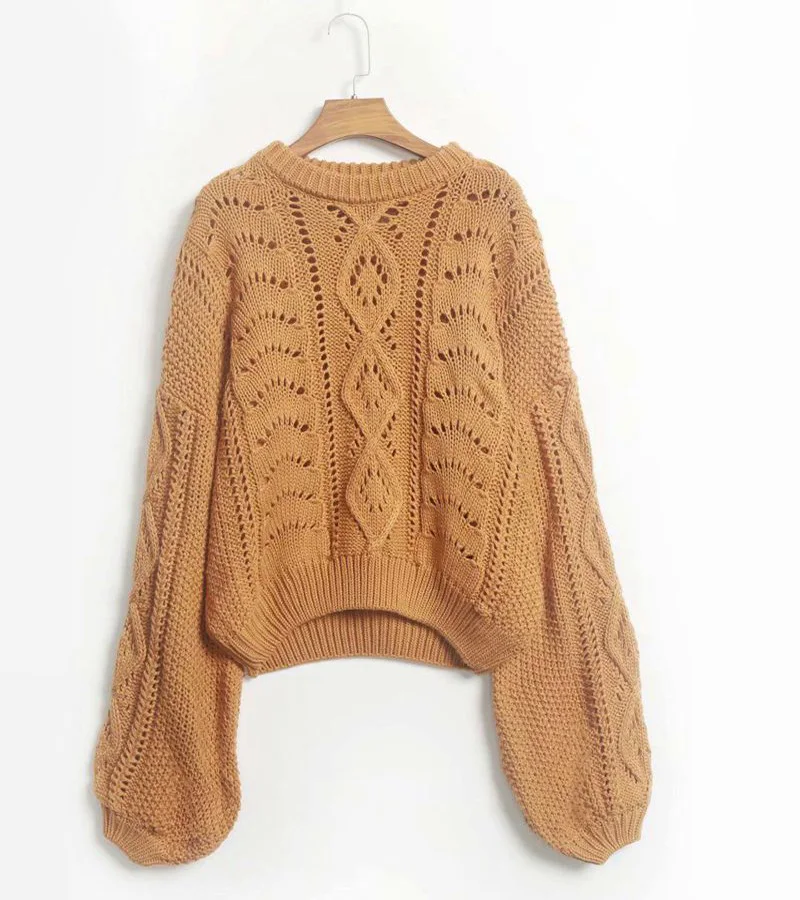 

2019 Autumn New Fashion Sueter Mujer Hollow Out Round Neck Batwing Lantern Sleeve Woman Sweater Pullover Oversized Pull Femme