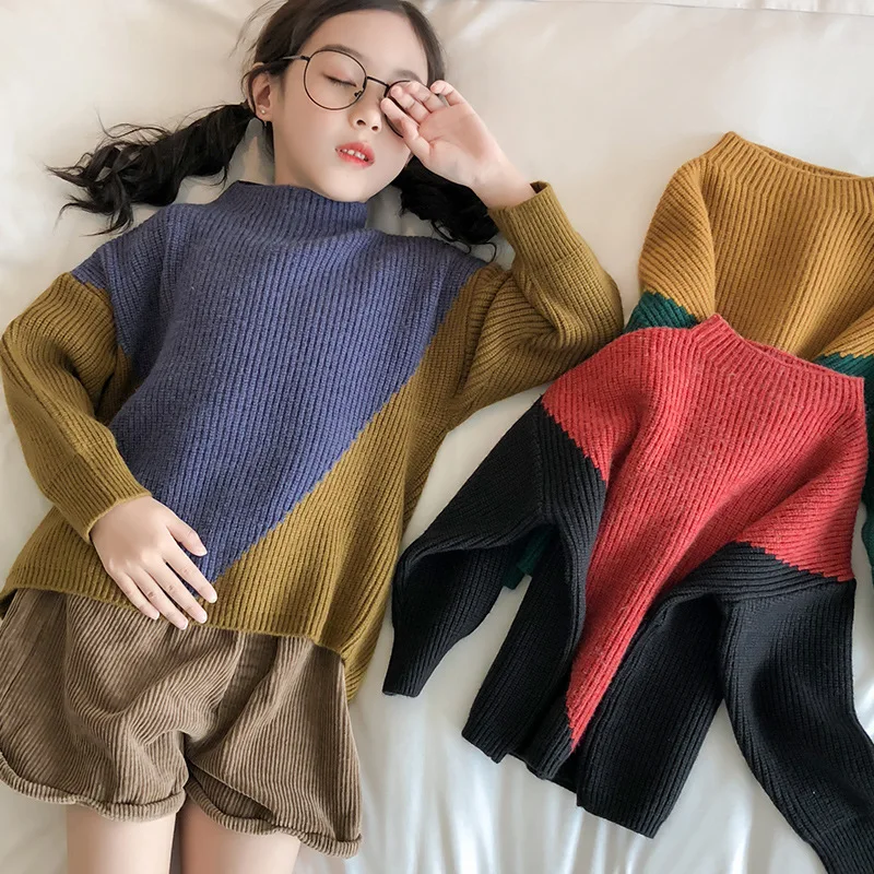

Geometric Pattern Contrast Color Stitching Japan and Korea Style Kids Winter Jacket Pullover Knited Sweater Tops Girls Clothes