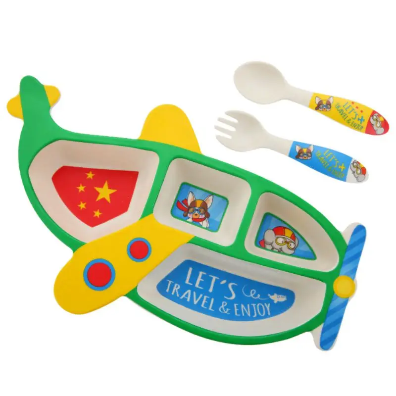 

Toddler Baby Funny Separated Feeding Tableware Cute Plane Shape Non Slip Dinner Plates Dishes Bowls +Spoon +Forkks