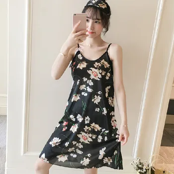 

sexy sleepwear lingerie пижама женская топ носки Women pajamas V-Neck Casual Sleeveless Camis Nightgown Ladies Printed Dress