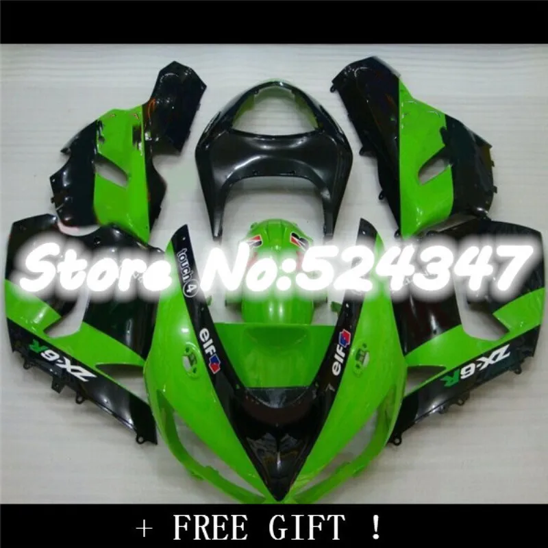 Injection Black Flame Green Black Fairing Kit For Ninja Zx 6r 636 05 06