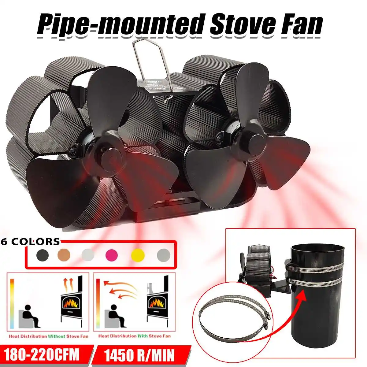 

Clamp Mouted Dual Head 6 Blade Heat Powered Stove Fan komin Log Wood Burner Eco Slient Fan Home Efficient Heat Distribution