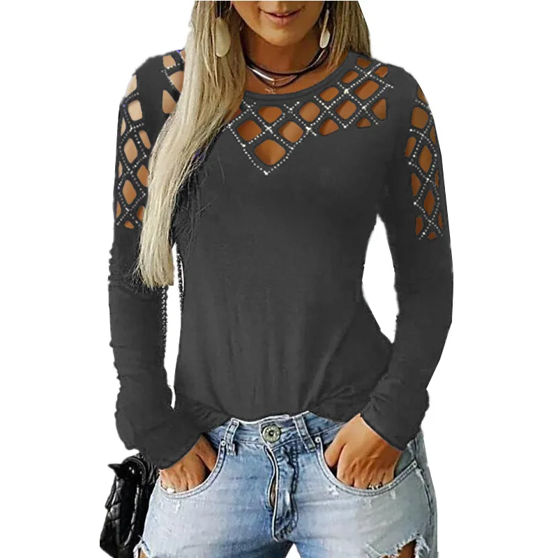 Women New Summer Leisure Pearl Beading Blue Tops Long Sleeve O-Neck Female T-Shirt Autumn Casual Loose Ladies Tee Shirt