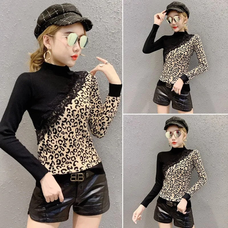 

4151 Photo Shoot 2019 Fall And Winter Clothes New Style Base Sweater Women's Leopord Pattern High Collar Lace Joint Sweater Wome