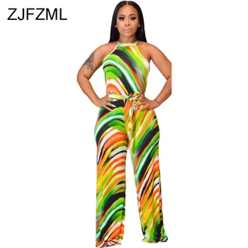 

Colorful Striped Sexy Beach Jumpsuit For Women Off Shoulder Backless Wide Leg Romper Summer High Waist Sleeveless Party Bodysuit
