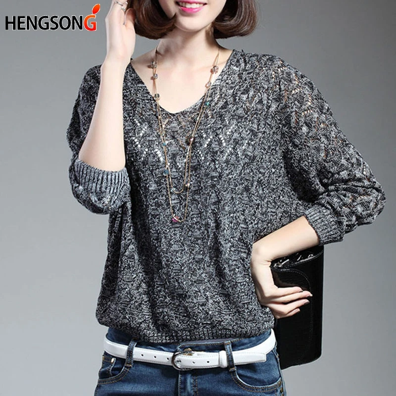 Autumn Women Pullovers Casual Tops V-Neck Loose Batwing Sleeve Hollow Out Thin Knitted Sweater Female Jersey Mujer | Женская одежда