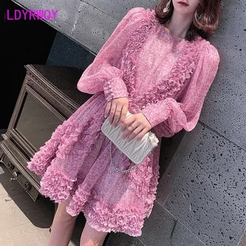 

2019 female summer long-sleeved ladies French chiffon purple floral dress Knee-Length Zippers Print