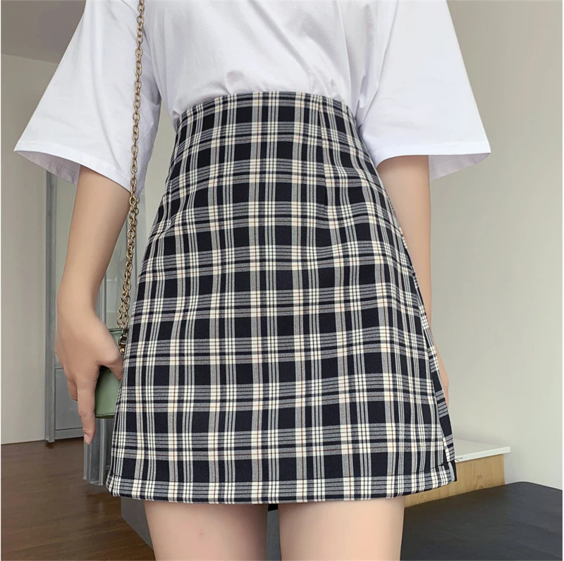 

Summer Womens Plaid Skirt A-Line High-Waist Retro Flavor Casual Ladies Skirts Empire Harajuku Sweet Korean Short Skirt