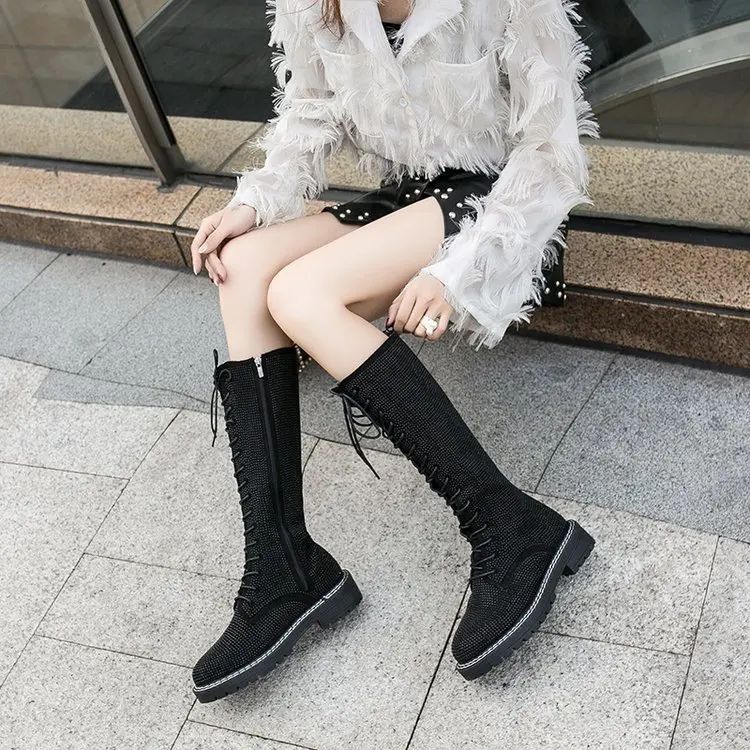 Autumn Winter Women Knee High snow Boots shoes woman Fashion Rhinestone Boots mid heels casual snow Boots Women Shoes mujer