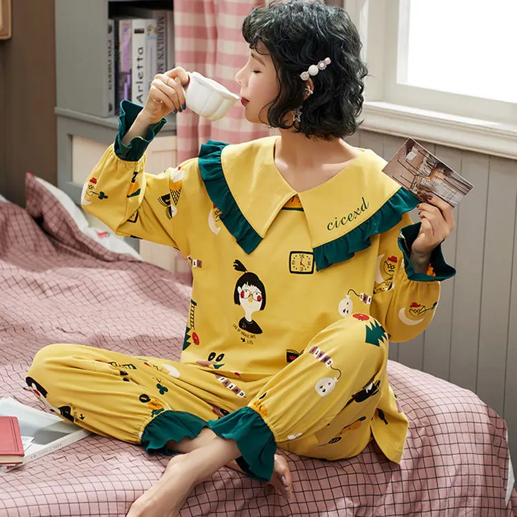 

Pajamas Women's Spring And Autumn Long Sleeve Pure Cotton Korean-style GIRL'S Students Large Size Loose-Fit Cute Homewear Set Co