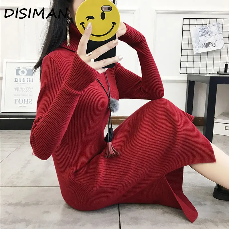 

DISIMAN sweater dress new sweater women turtleneck winter clothes Solid color women sweater pullover korean style women