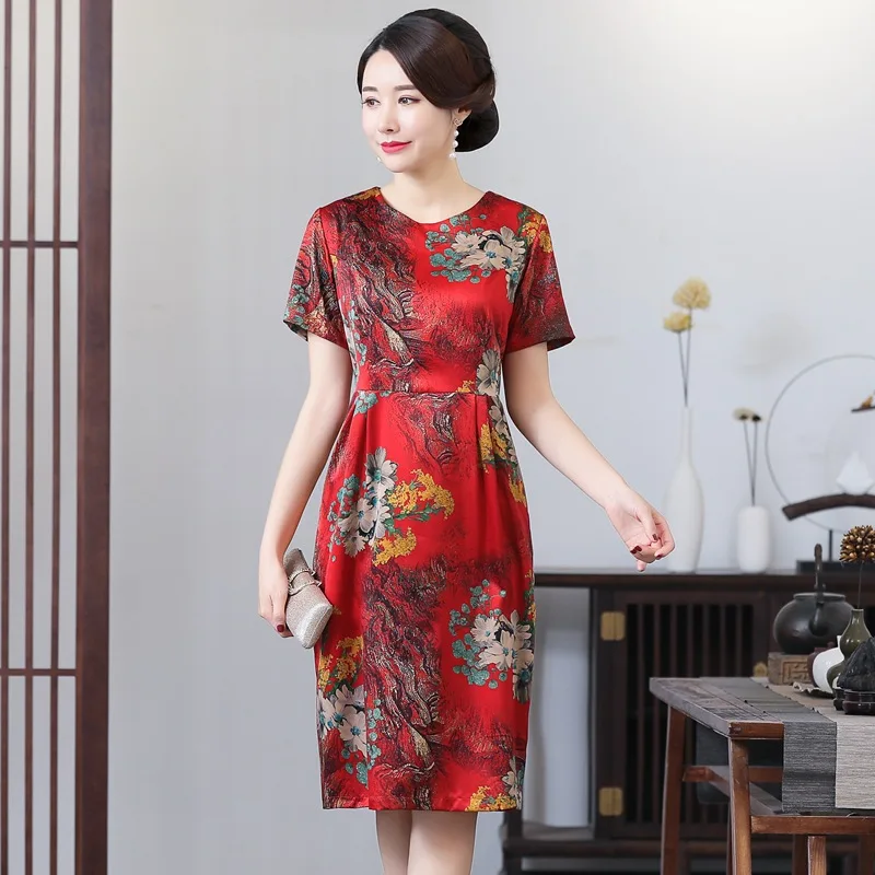 Летний Стиль шелковое женское платье для среднего возраста Cheongsam модное свободное платье средней длины улучшенное платье Cheongsam из искусственного шелка 1920