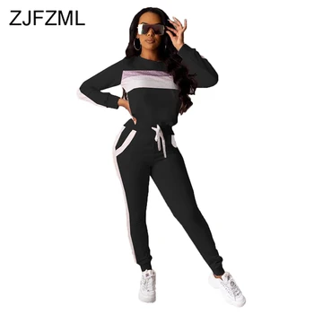 

Bronzing Patchwork Casual Two Piece Outfits Women O Neck Long Sleeve Top+Drawstring Bandage Pant Suits Fall Winter Matching Set