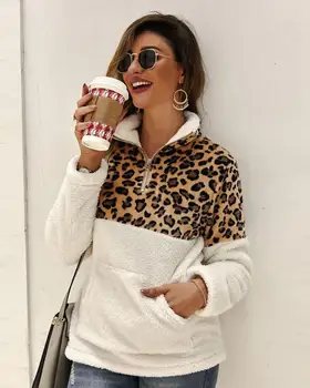 

Winter 2020 Fleece Sweater Fashion Leopard Patchwork Fluffy Thick Sweaters Warm Zipper Pullovers Women Winter Coat Sherpa Tops