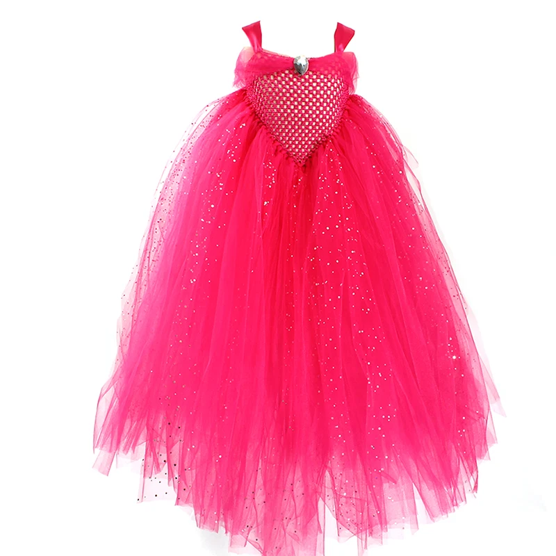 Glittery Hot Pink Tulle Girls Party Tutu Dress Princess Stunning Ball Gown Dress for Children Wedding Pageant Birthday Costume (13)