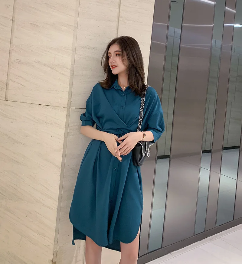 

Fashion Women Summer Dress Spring Turn-down Collar Half Sleeve Shirt Dress Ruffles Loose Pleated Solid Dress Beach Holiday Robe