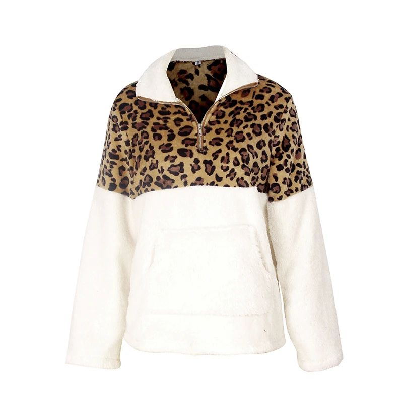  Lossky Winter Sweatshirt Leopard Patchwork Women Long Sleeve Pockets Ladies Plush Tops Zipper Pullo