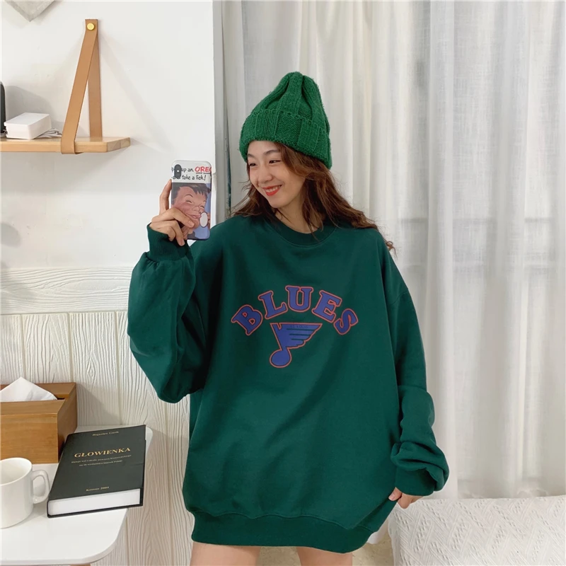 Letter Print Hoodies Women O-Neck Long Sleeve Long Sweatshirts Pullovers Casual Coat Autumn Korean Harajuku Loose Hoodies V529