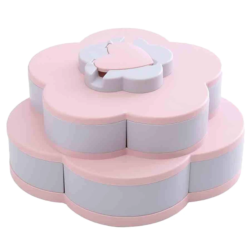 

Double Layer Rotating Snack Box Containers Bloom Flower Design Candy Nut Fruit Food Storage Box Jewelry Organizer