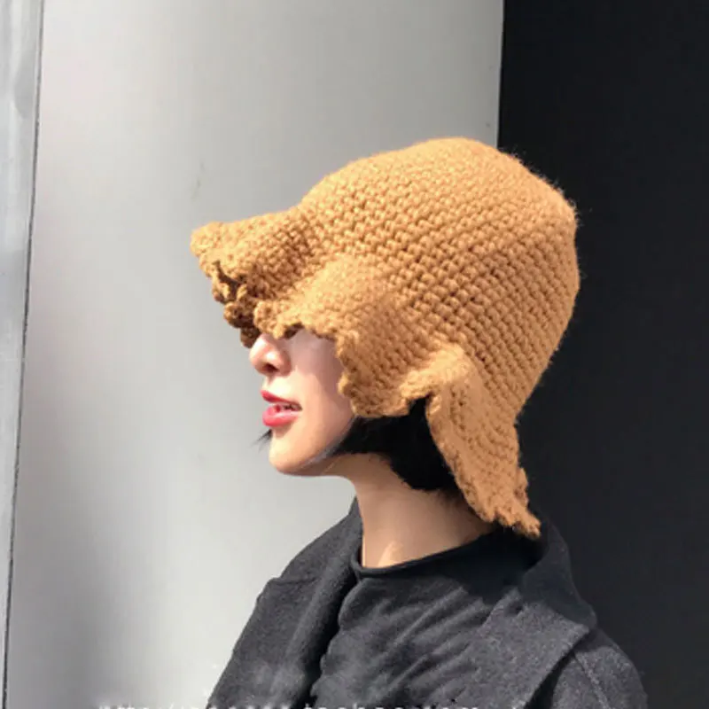 Yellow New Girl Hand-knitted Cap Winter Warm Pure Color Cap Flower Folding Fisherman Cap Outdoor Coarse Wool Knitted Cap Leisure Travel - Цвет: Yellow