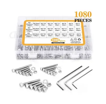 

1080Pcs Stainless Steel Fastener Hardware M2/M3/M4 Hexagon Socket Head Cap Screws Flat Washer with 3PCS Nuts Wrench Kit